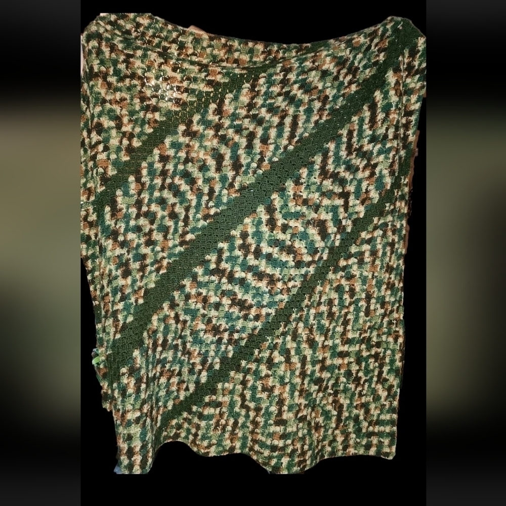 Handmade Camo‎ Crochet Blanket With 3 Green Stripes Approximately 62x62